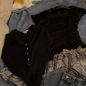 Girls Size 12 silver and  Black Ruched dress cardigan sweater jeggings jeans